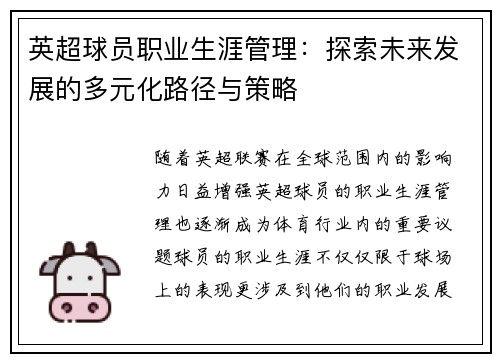 英超球员职业生涯管理：探索未来发展的多元化路径与策略