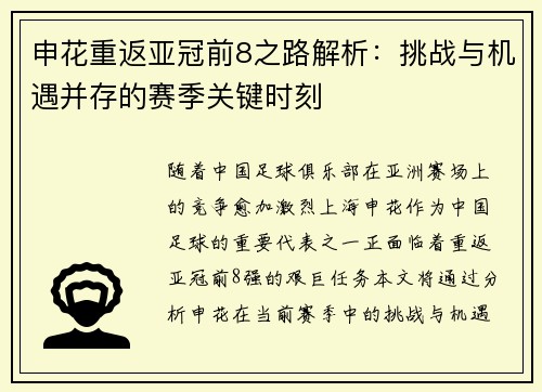 申花重返亚冠前8之路解析：挑战与机遇并存的赛季关键时刻