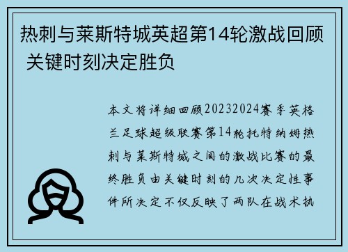 热刺与莱斯特城英超第14轮激战回顾 关键时刻决定胜负