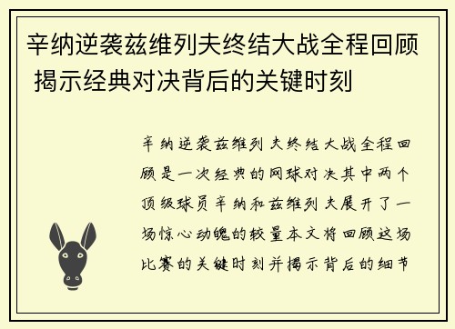 辛纳逆袭兹维列夫终结大战全程回顾 揭示经典对决背后的关键时刻