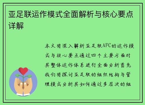 亚足联运作模式全面解析与核心要点详解